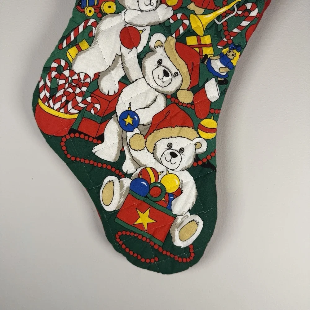 Vintage Handmade Cloth Christmas Stocking Bear Christmas‎ Tree Star Red Holiday